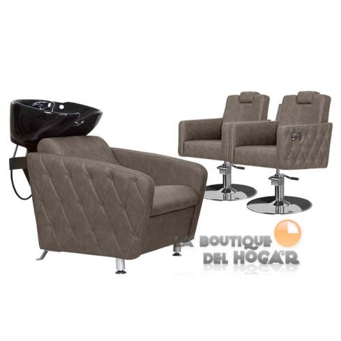 Pack - 1 Lavacabezas Con Pica a elegir Cubo Basic + 2 Sillones De Corte Versa Plus Marrón grisáceo con costuras