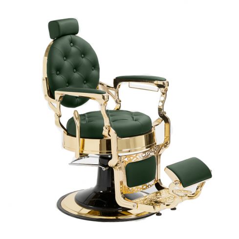 Sillón Clásico de Barbero hidráulico estilo Vintage con reposapies integrado Modelo LBH Mack Gold Verde