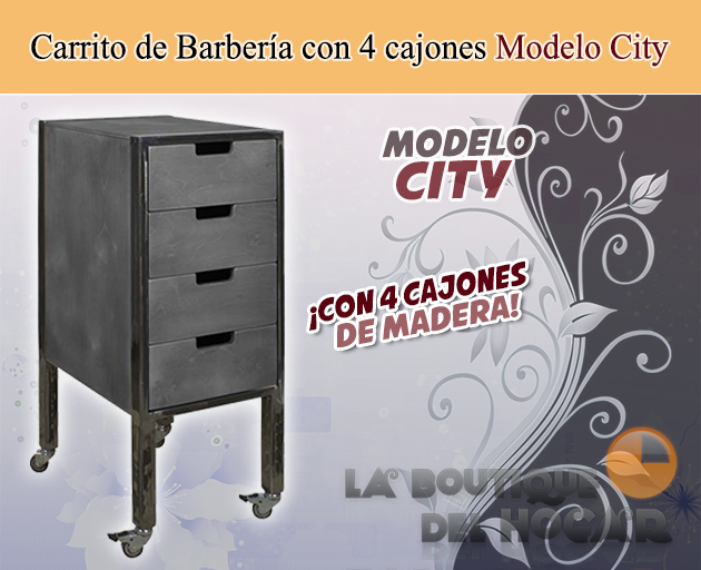 Carrito de Barbería Vintage con 4 cajones en metal y madera Modelo City Plus - color gris grafito