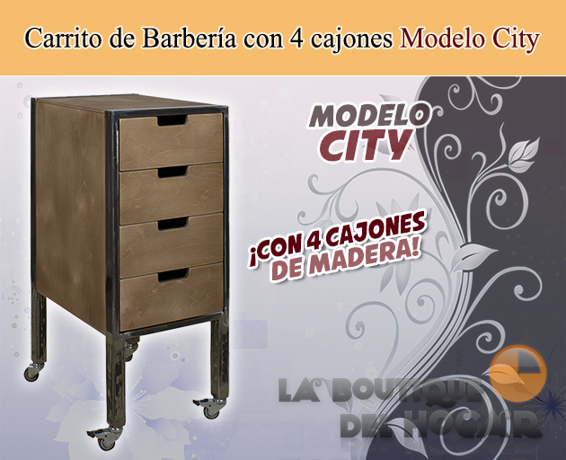 Carrito de Barbería Vintage con 4 cajones en metal y madera Modelo City Plus - color madera grafito