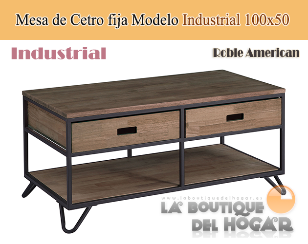 Mesa de centro fija negra con patas metálicas y tablero de Roble American Modelo Industrial