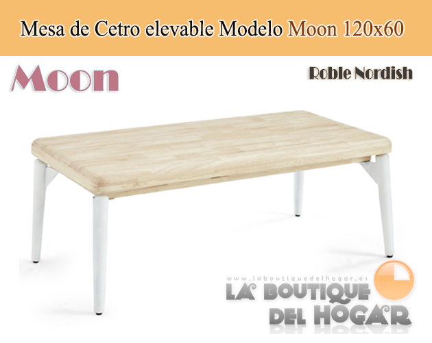 Mesa de centro elevable blanca con patas metálicas y tablero de Roble Nordish Modelo Moon