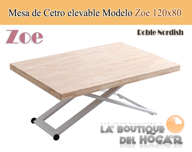 Mesa de centro elevable blanca con patas metálicas y tablero de Roble Nordish Modelo Zoe