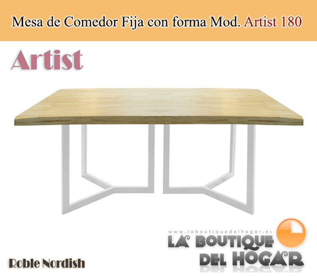 Mesa de comedor fija blanca con patas metálicas y tablero de Roble Modelo Artist