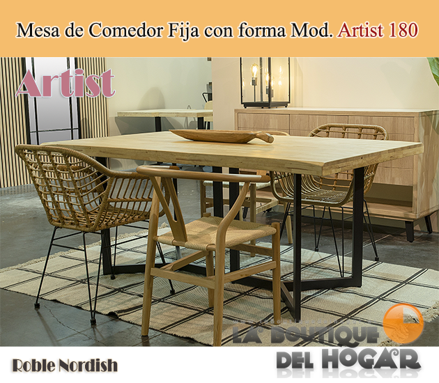 Mesa de comedor fija negra con patas metálicas y tablero de Roble Modelo Artist