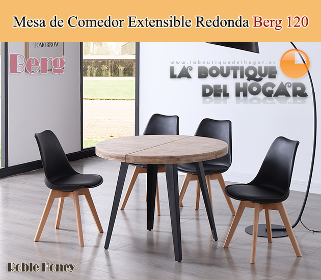 Mesa de comedor extensible negra con patas metálicas y tablero de Roble Honey Modelo Berg