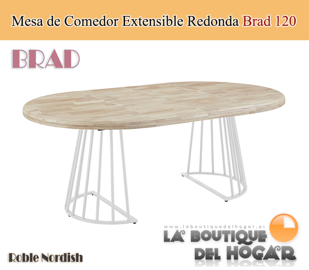 Mesa de comedor extensible blanca con patas metálicas y tablero de Roble Nordish Modelo Brad