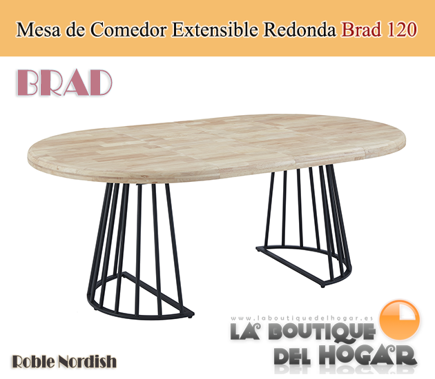 Mesa de comedor extensible negra con patas metálicas y tablero de Roble Nordish Modelo Brad