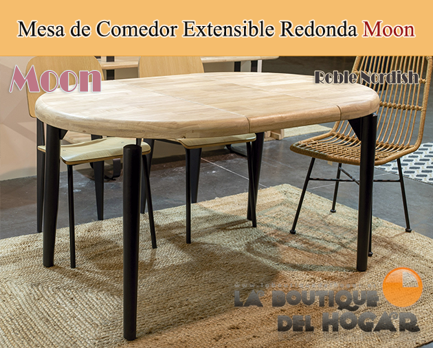 Mesa de comedor extensible negra con patas metálicas y tablero de Roble Nordish Modelo Moon