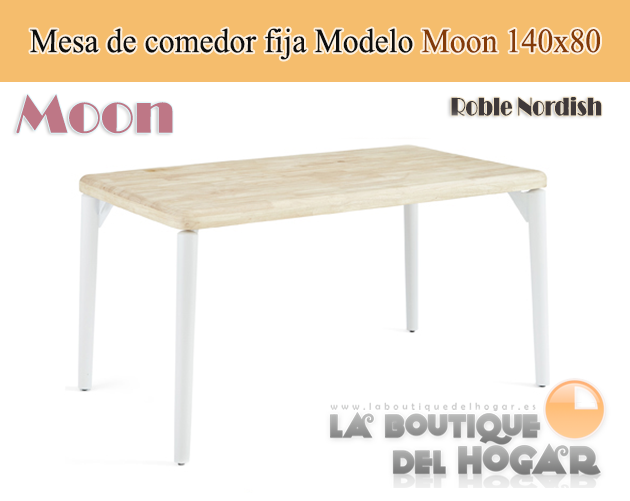 Mesa de comedor fija blanca con patas metálicas y tablero de Roble Nordish Modelo Moon 150