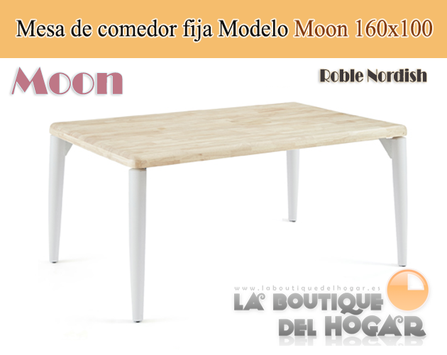 Mesa de comedor fija blanca con patas metálicas y tablero de Roble Nordish Modelo Moon 150