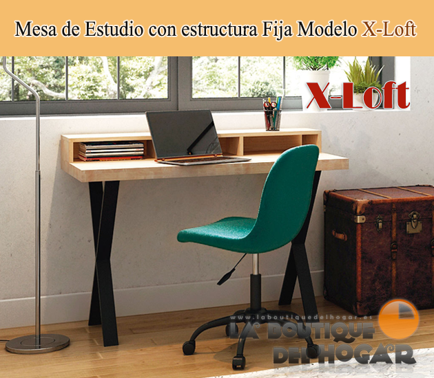 Mesa de comedor fija negra con patas metálicas y tablero de Roble Modelo X-Loft