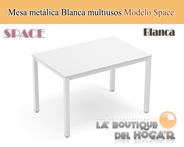 Mesa de comedor fija blanca con patas metálicas y tablero color Roble Modelo Mia