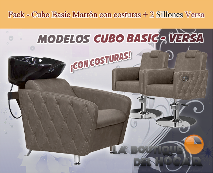 Pack - 1 Lavacabezas Con Pica a elegir Cubo Basic + 2 Sillones De Corte Versa Plus Marrón grisáceo con costuras