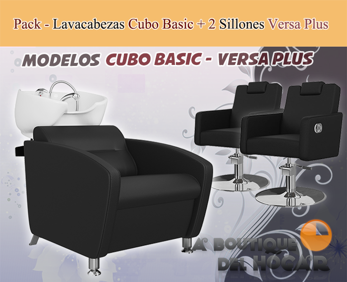 Pack - 1 Lavacabezas Cubo Basic Negro + 2 Sillones De Corte Versa Plus Negros