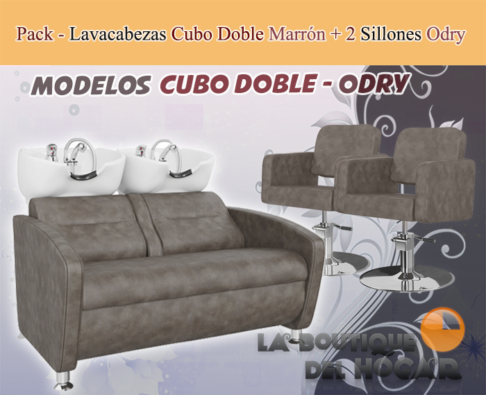 Pack - 1 Lavacabezas Cubo Doble  + 2 Sillones De Corte Odry marrón