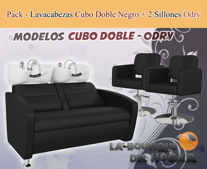 Pack - 1 Lavacabezas Cubo Doble Negro + 2 Sillones De Corte Odry Negros