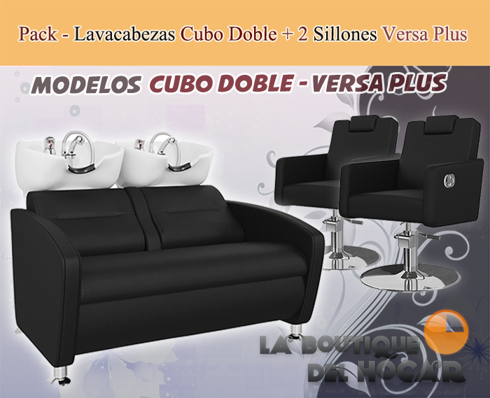 Pack - 1 Lavacabezas Cubo Doble Negro + 2 Sillones De Corte Versa Plus Negros