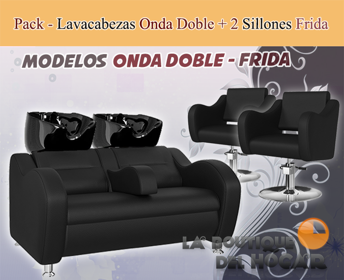 Pack - 1 Lavacabezas Con Pica Blanca Onda Doble Negro + 2 Sillones De Corte Frida Negros