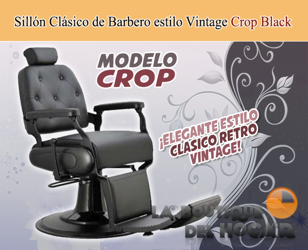 Sillón Clásico de Barbero hidráulico estilo Retro Vintage con reposapies integrado Modelo Crop Negro