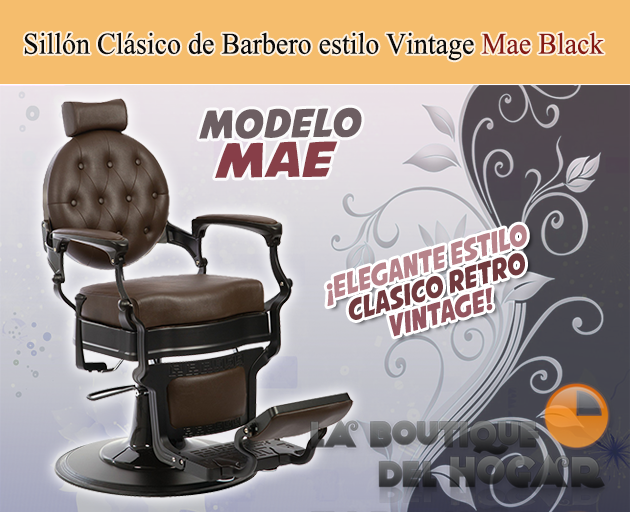 Sillón Clásico de Barbero hidráulico estilo Retro Vintage con reposapies integrado Modelo Mae Black marrón oscuro