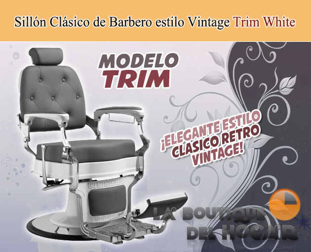 Sillón Clásico de Barbero hidráulico estilo Retro Vintage con reposapies integrado Modelo Trim White