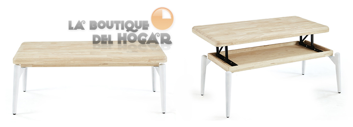 Mesa de centro elevable blanca con patas metálicas y tablero de Roble Nordish Modelo Moon