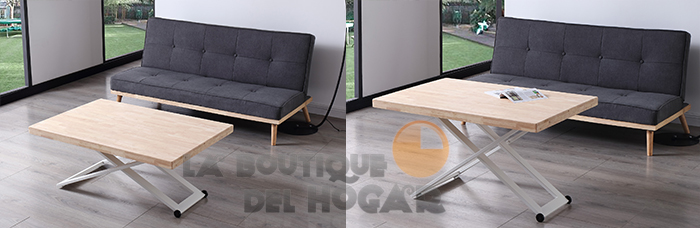 Mesa de centro elevable blanca con patas metálicas y tablero de Roble Nordish Modelo Zoe