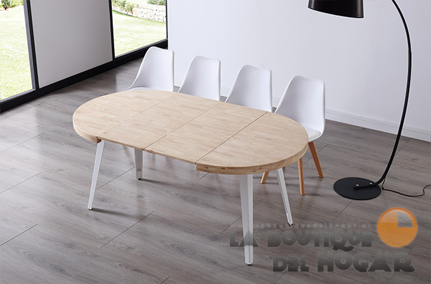 Mesa de comedor fija blanca con patas metálicas y tablero de Roble Nordish Modelo Berg