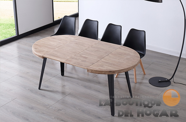 Mesa de comedor fija negra con patas metálicas y tablero de Roble Honey Modelo Berg