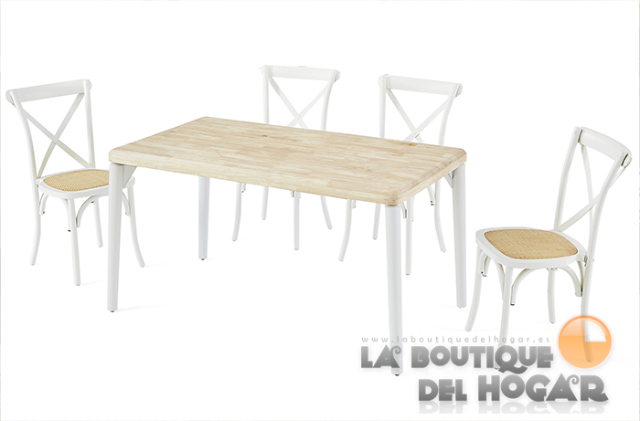 Mesa de comedor fija blanca con patas metálicas y tablero de Roble Nordish Modelo Moon