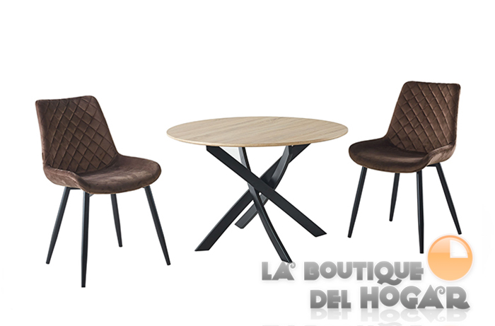 Mesa de comedor fija redonda con patas metálicas y tablero de Roble Modelo Zen